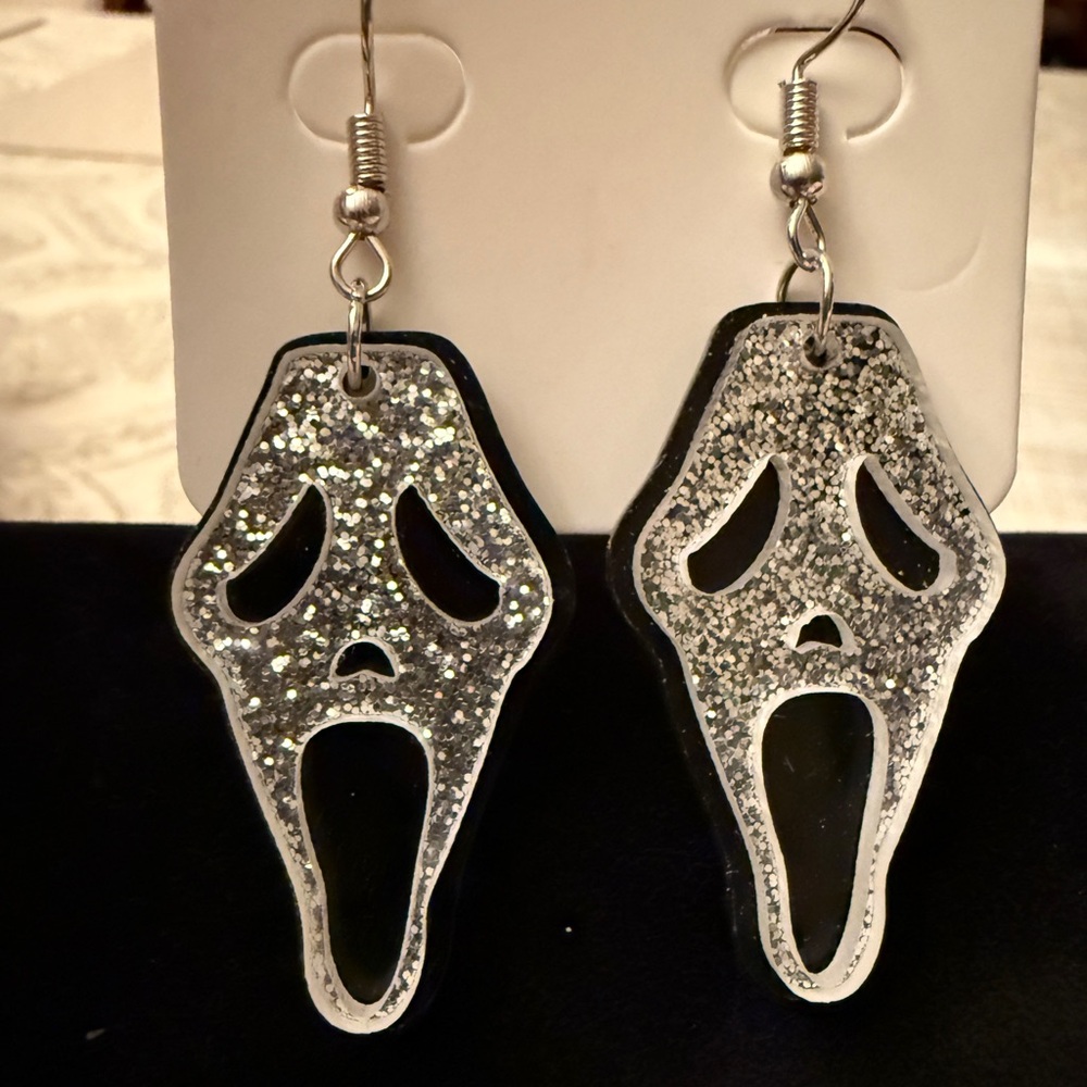 Silver Glitter Scream Face Earrings
